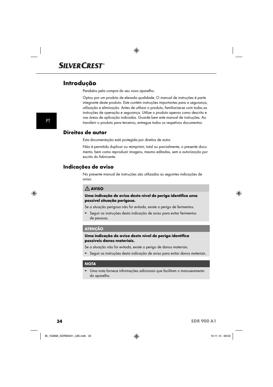 Introdução, Direitos de autor, Indicações de aviso | Silvercrest SDR 900 A1 User Manual | Page 37 / 84