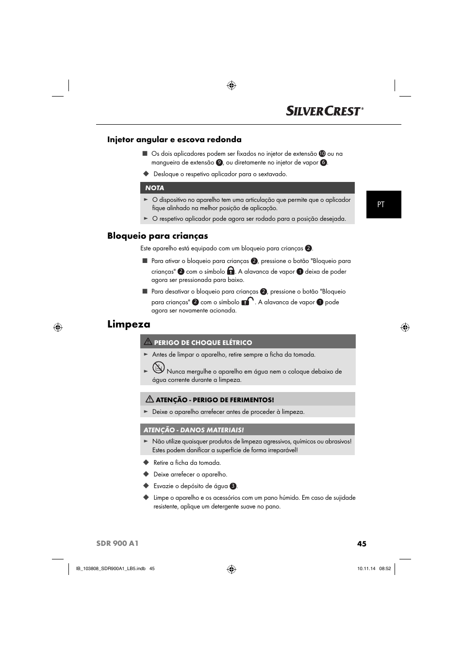 Limpeza, Bloqueio para crianças, Pt injetor angular e escova redonda | Silvercrest SDR 900 A1 User Manual | Page 48 / 84