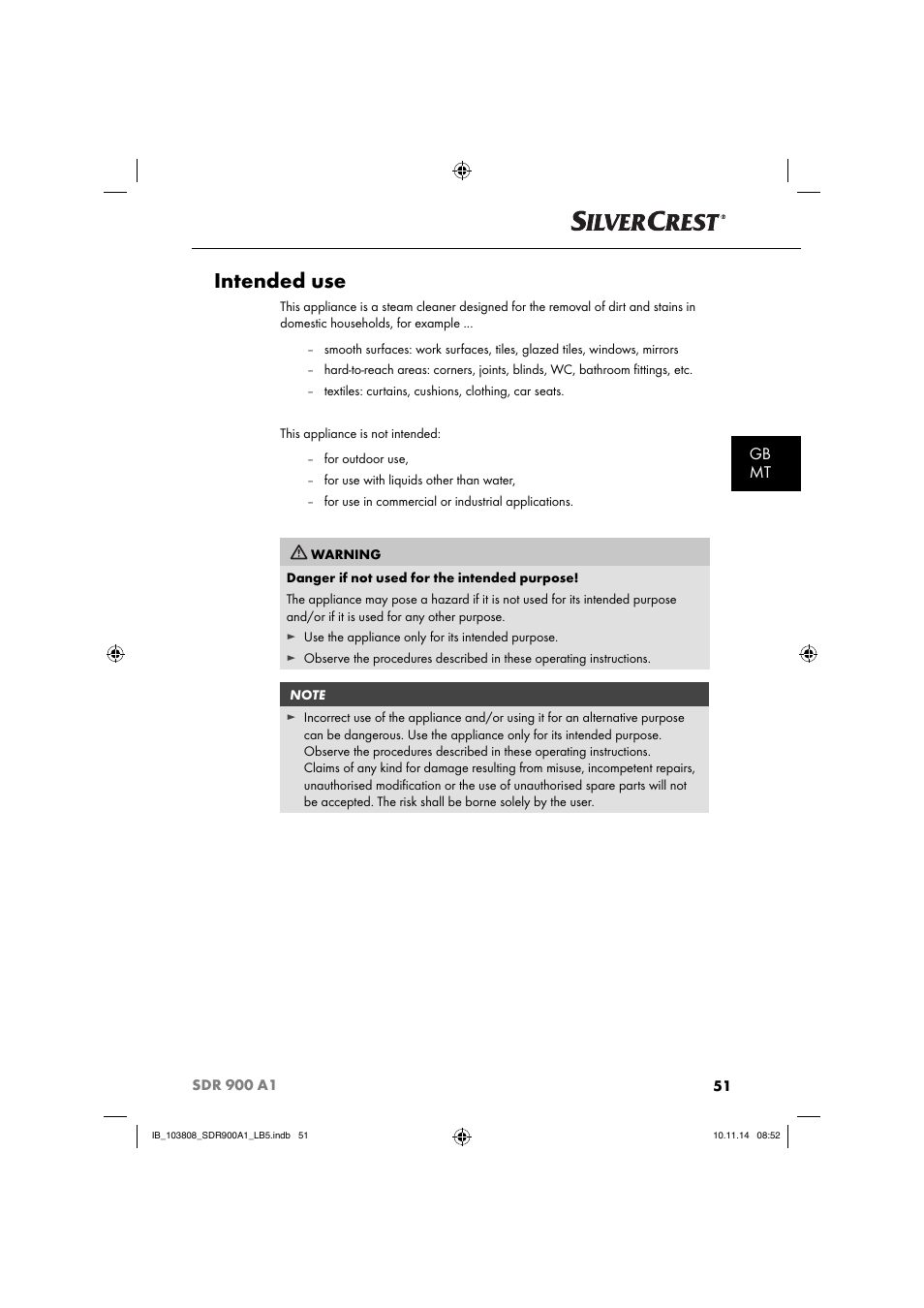 Intended use, Gb mt | Silvercrest SDR 900 A1 User Manual | Page 54 / 84