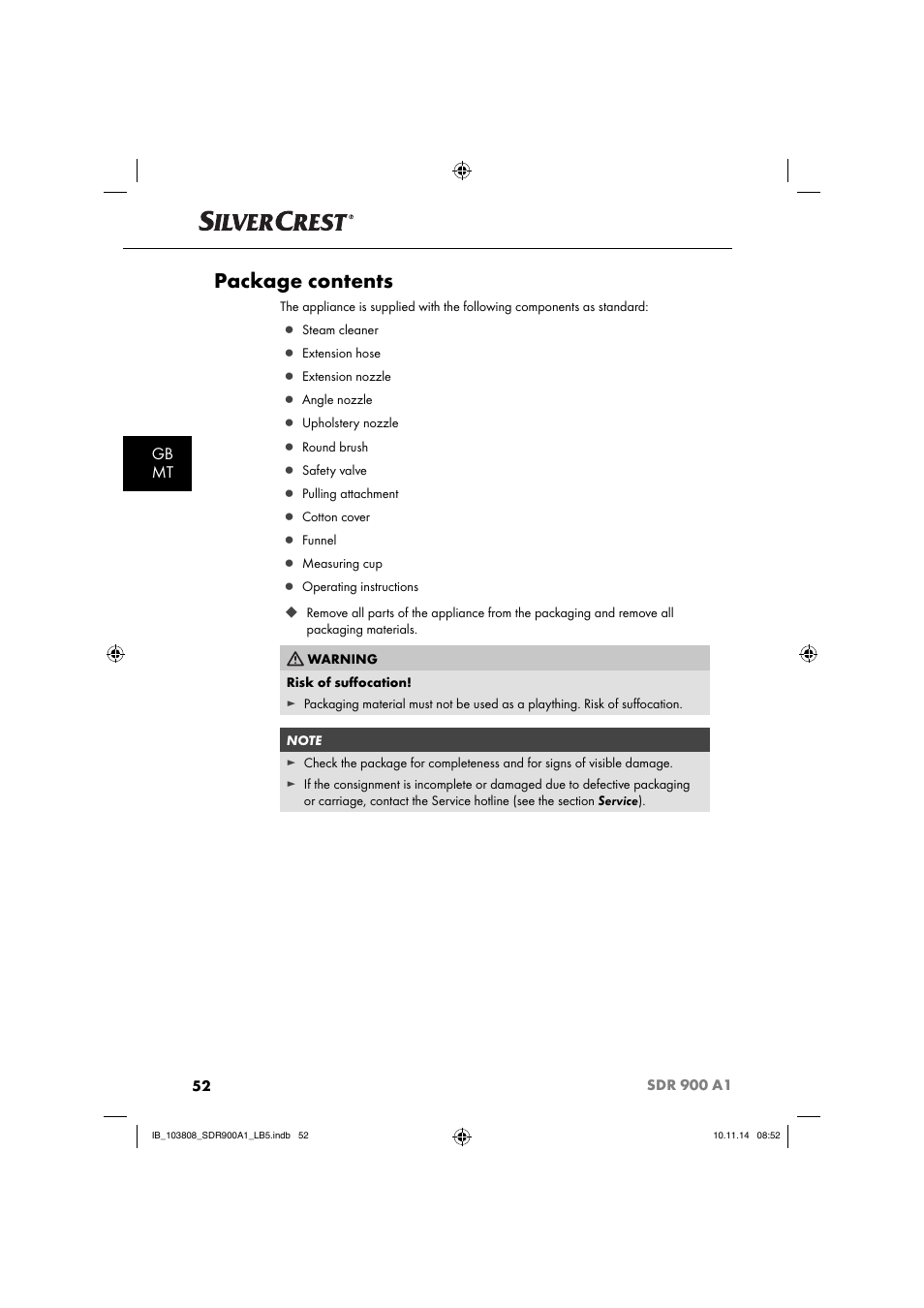 Package contents, Gb mt | Silvercrest SDR 900 A1 User Manual | Page 55 / 84