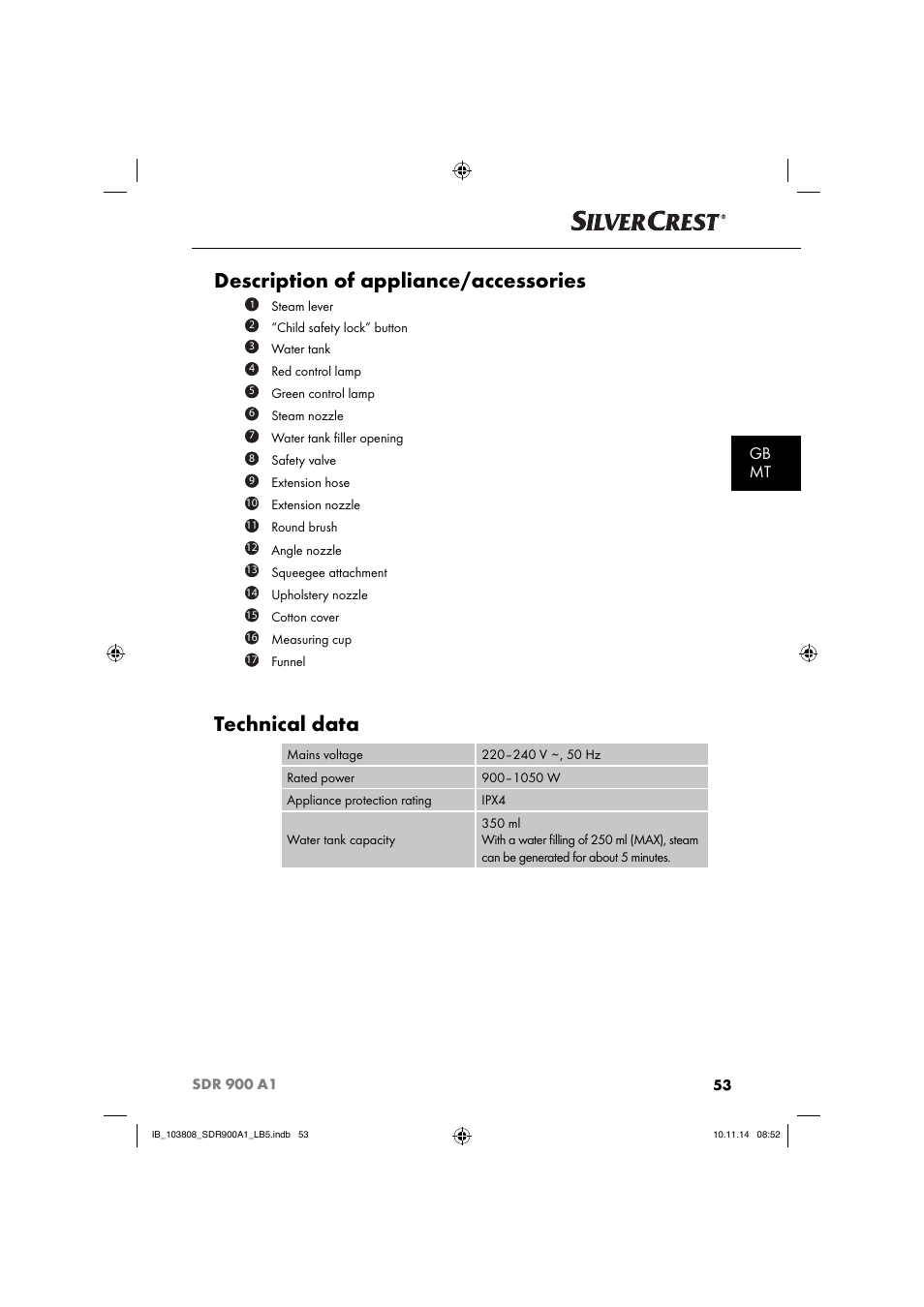 Description of appliance/accessories, Technical data, Gb mt | Silvercrest SDR 900 A1 User Manual | Page 56 / 84