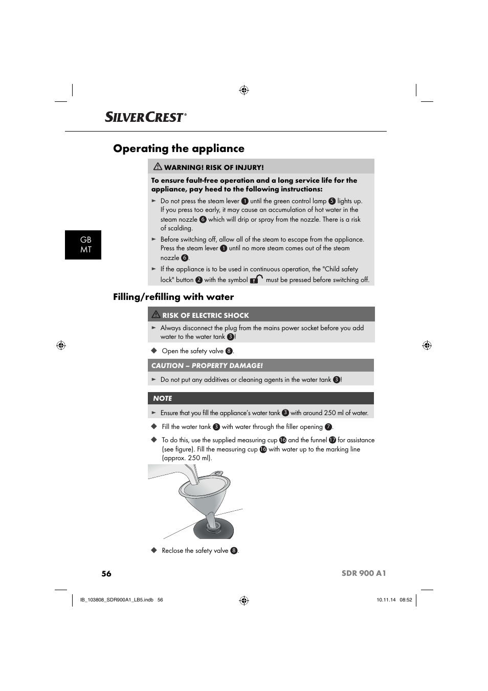 Operating the appliance, Filling/reﬁ lling with water, Gb mt | Silvercrest SDR 900 A1 User Manual | Page 59 / 84