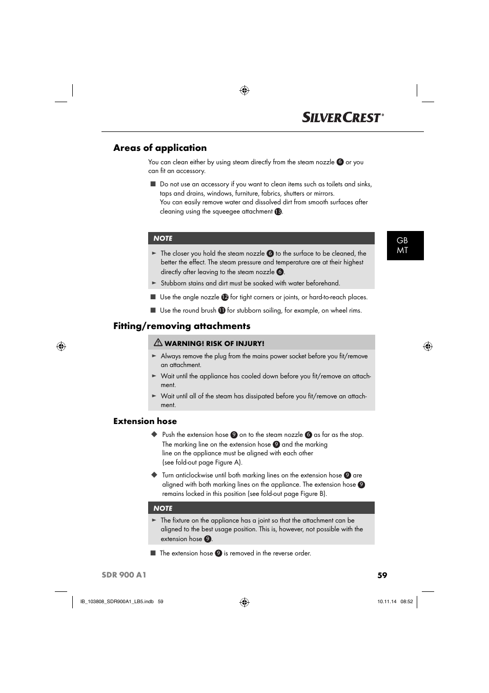 Areas of application, Fitting/removing attachments, Gb mt | Extension hose | Silvercrest SDR 900 A1 User Manual | Page 62 / 84