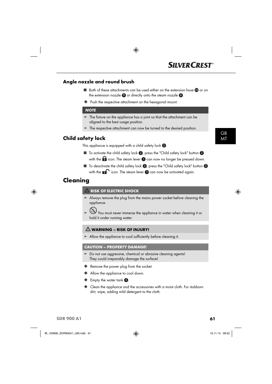 Cleaning, Child safety lock, Gb mt angle nozzle and round brush | Silvercrest SDR 900 A1 User Manual | Page 64 / 84