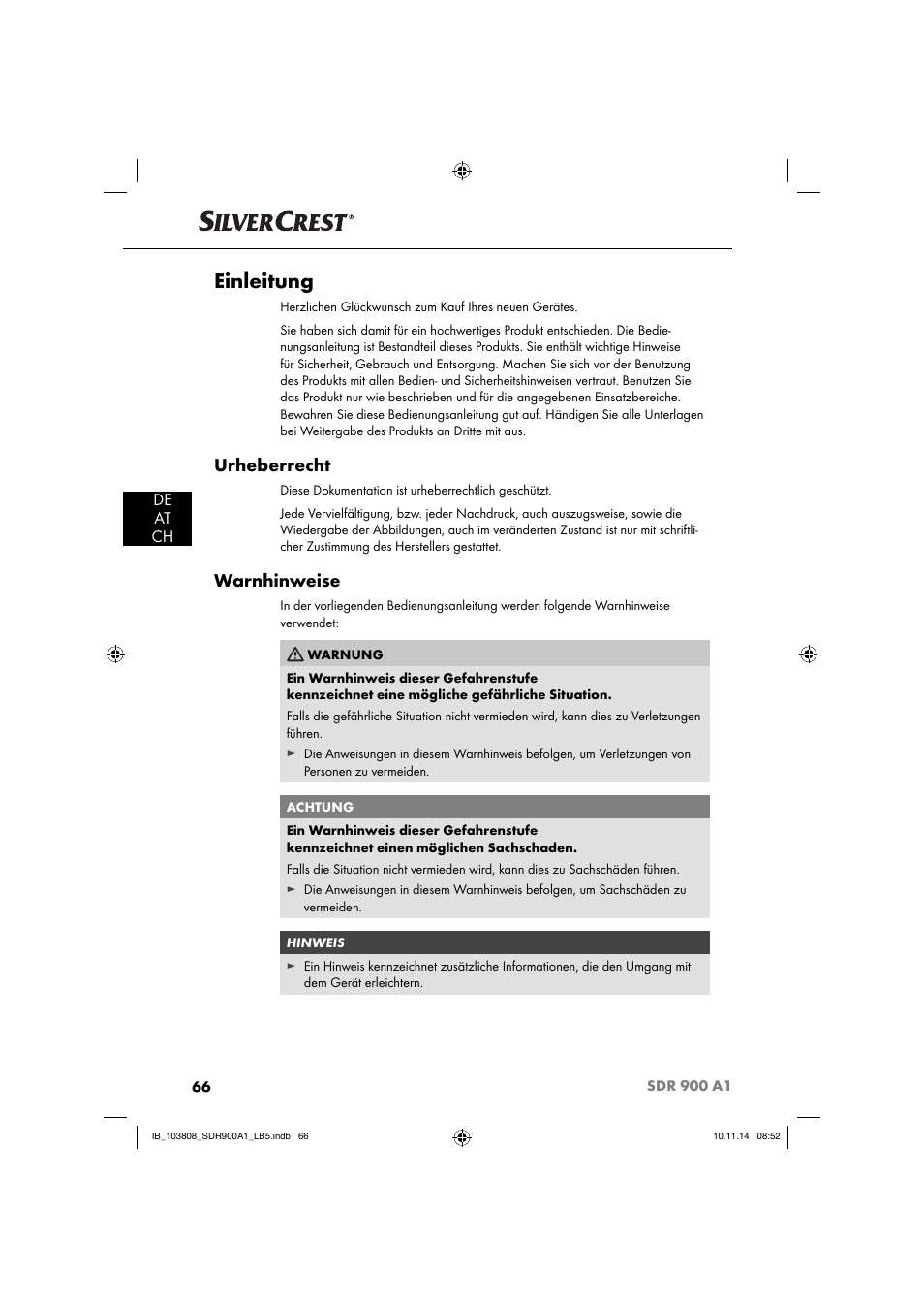 Einleitung, Urheberrecht, Warnhinweise | De at ch | Silvercrest SDR 900 A1 User Manual | Page 69 / 84