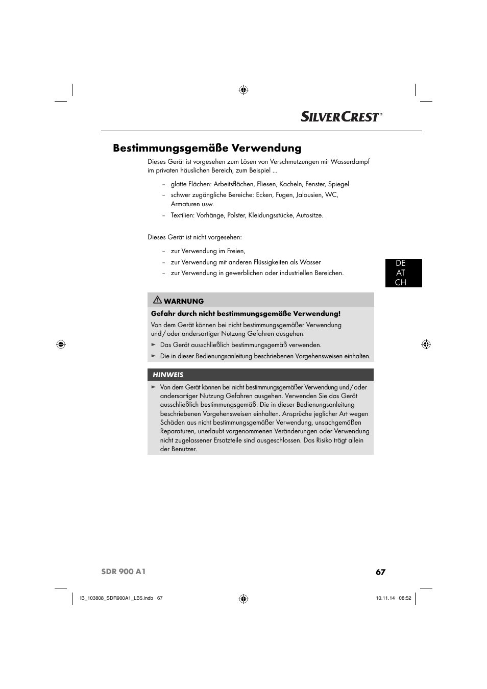 Bestimmungsgemäße verwendung, De at ch | Silvercrest SDR 900 A1 User Manual | Page 70 / 84