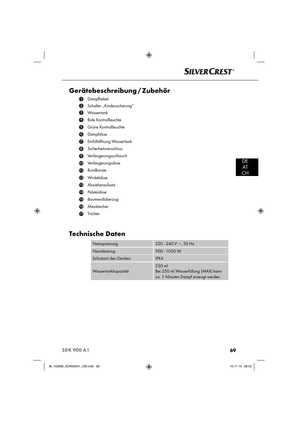 Gerätebeschreibung / zubehör, Technische daten, De at ch | Silvercrest SDR 900 A1 User Manual | Page 72 / 84