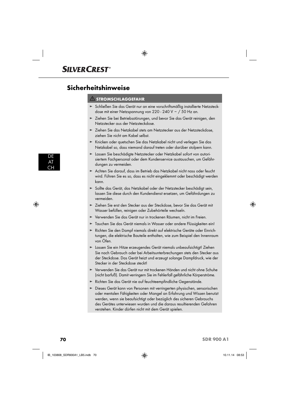 Sicherheitshinweise, De at ch | Silvercrest SDR 900 A1 User Manual | Page 73 / 84