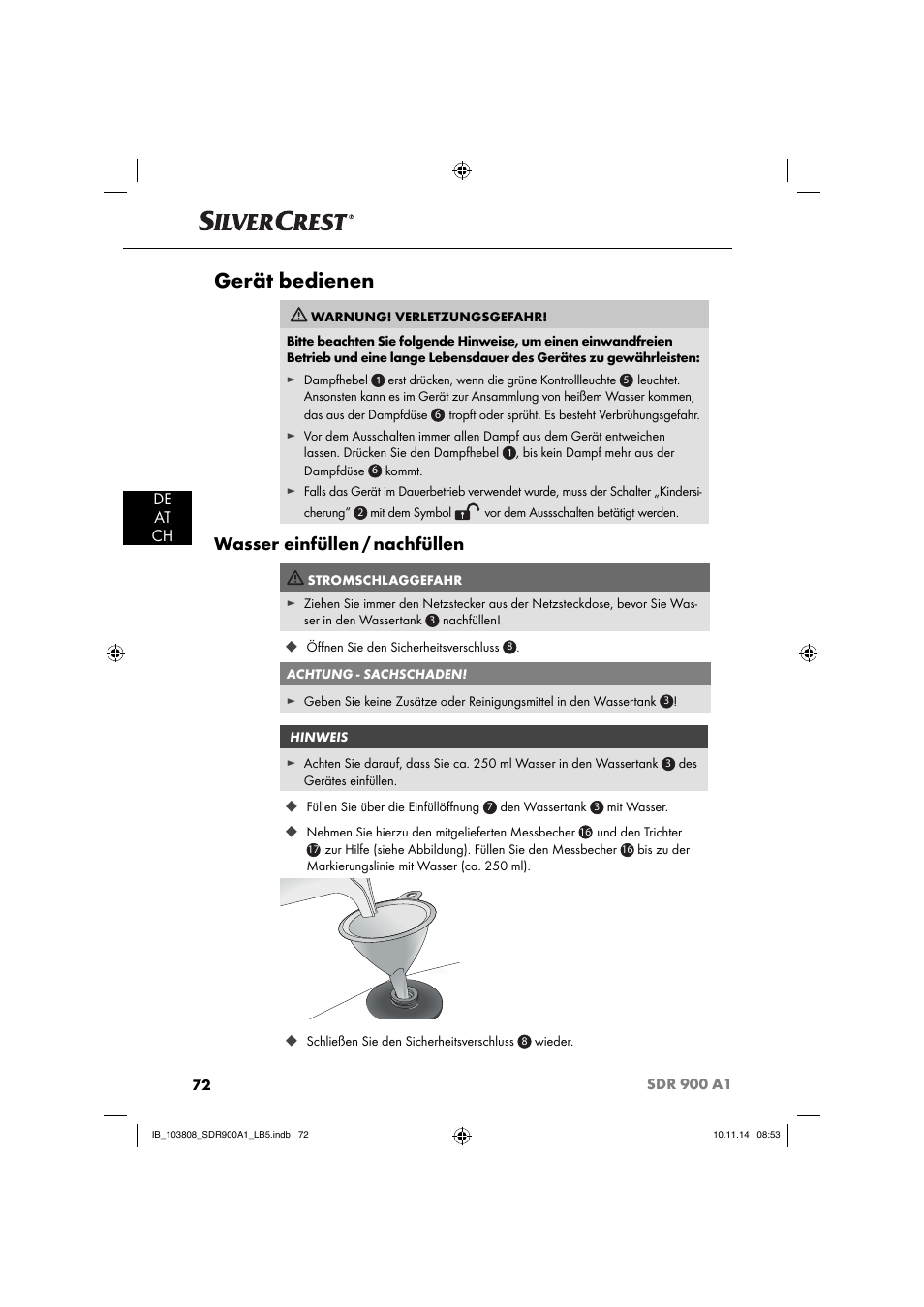 Gerät bedienen, Wasser einfüllen / nachfüllen, De at ch | Silvercrest SDR 900 A1 User Manual | Page 75 / 84