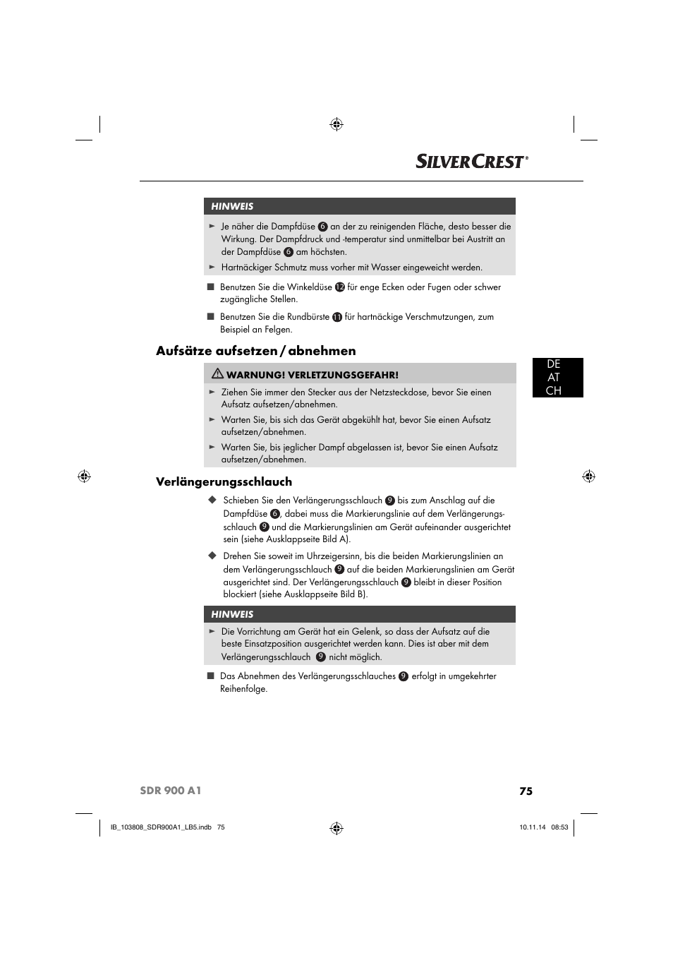 Aufsätze aufsetzen / abnehmen, De at ch, Verlängerungsschlauch | Silvercrest SDR 900 A1 User Manual | Page 78 / 84