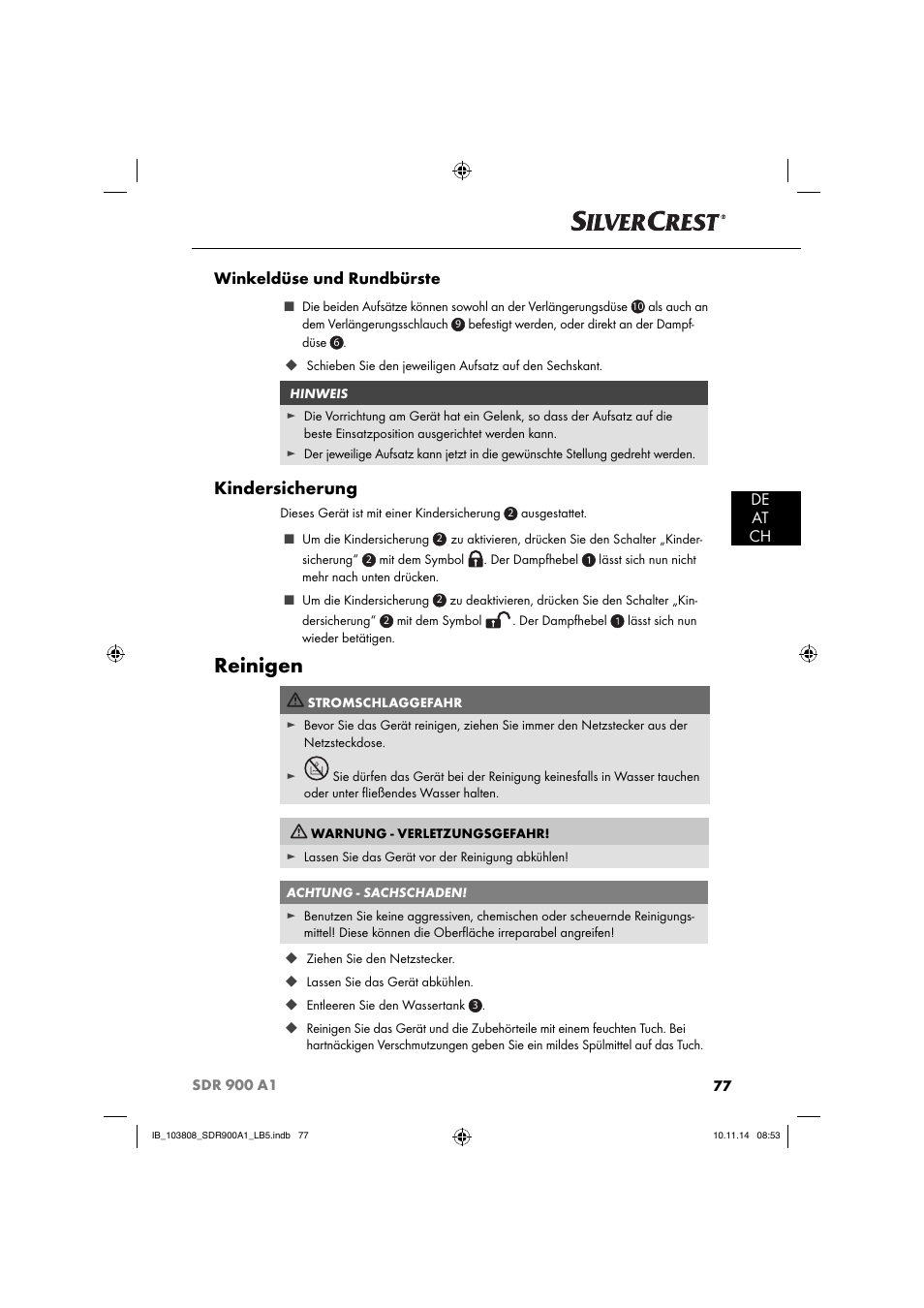 Reinigen, Kindersicherung, De at ch winkeldüse und rundbürste | Silvercrest SDR 900 A1 User Manual | Page 80 / 84