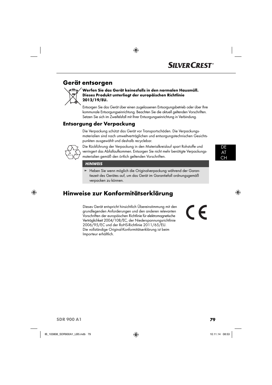 Gerät entsorgen, Hinweise zur konformitätserklärung, Entsorgung der verpackung | De at ch | Silvercrest SDR 900 A1 User Manual | Page 82 / 84