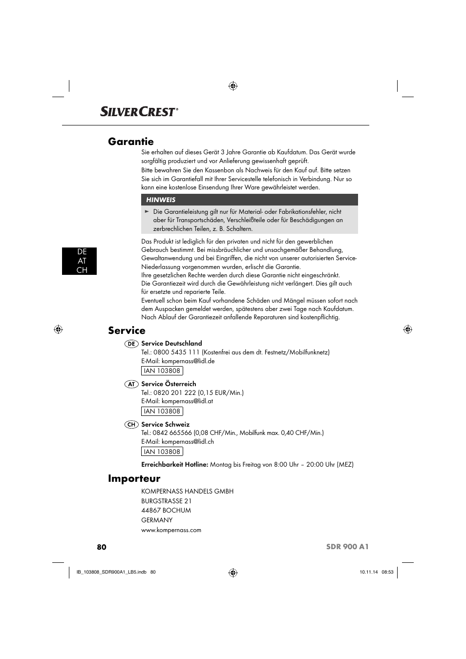 Garantie, Service, Importeur | De at ch | Silvercrest SDR 900 A1 User Manual | Page 83 / 84