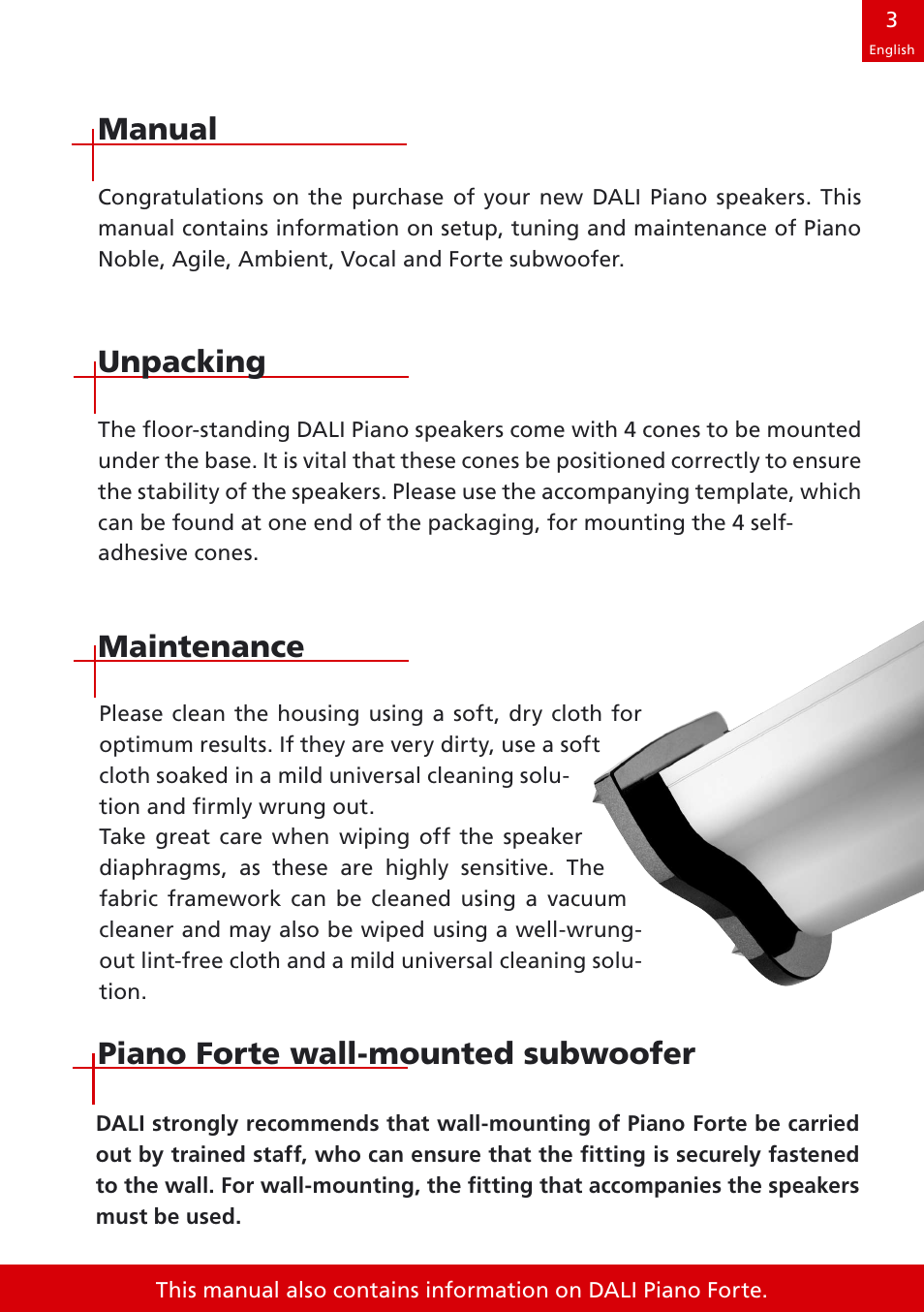 Maintenance, Unpacking, Manual piano forte wall-mounted subwoofer | DALI Loudspeakers speakers User Manual | Page 3 / 16