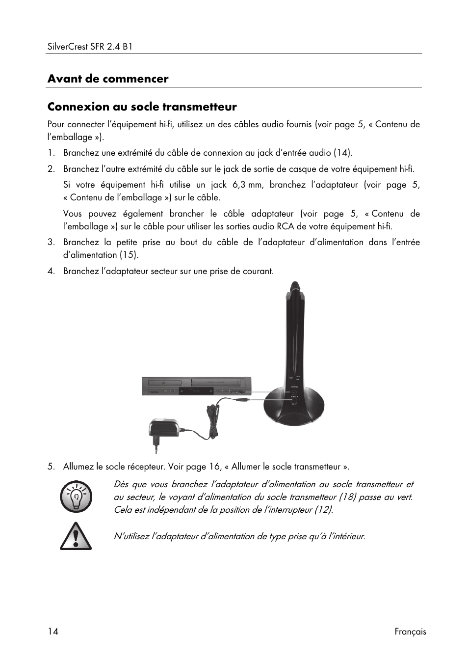 Avant de commencer connexion au socle transmetteur | Silvercrest SFR 2.4 B1 User Manual | Page 16 / 76