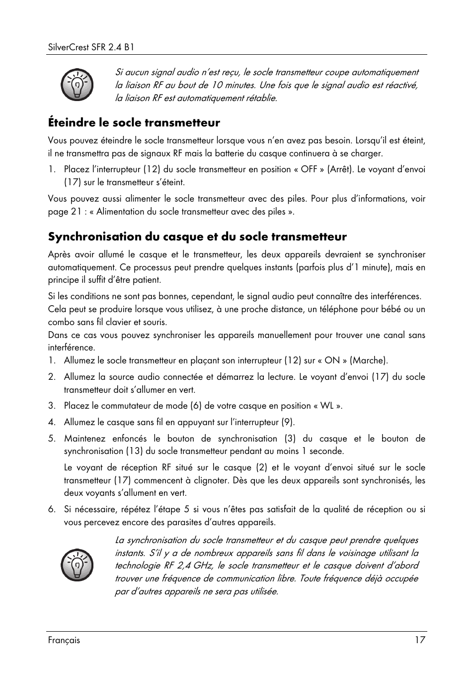 Éteindre le socle transmetteur, Synchronisation du casque et du socle transmetteur | Silvercrest SFR 2.4 B1 User Manual | Page 19 / 76