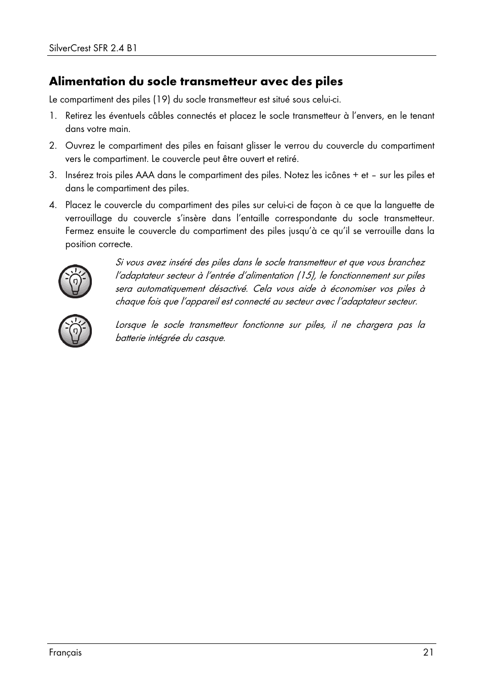 Alimentation du socle transmetteur avec des piles | Silvercrest SFR 2.4 B1 User Manual | Page 23 / 76