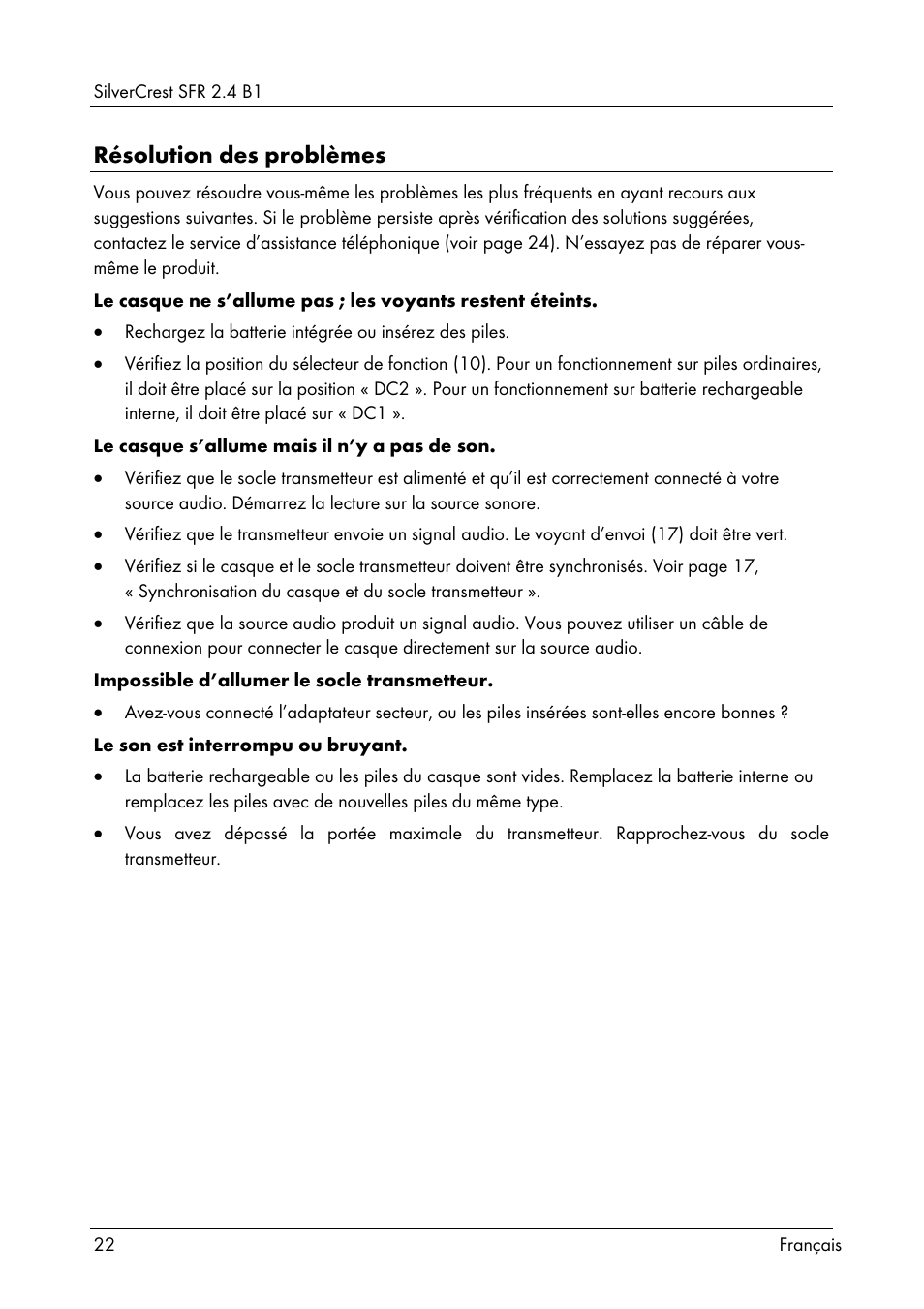 Résolution des problèmes | Silvercrest SFR 2.4 B1 User Manual | Page 24 / 76
