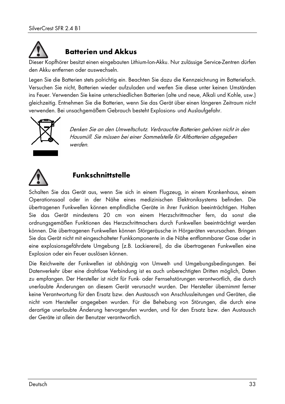 Batterien und akkus, Funkschnittstelle | Silvercrest SFR 2.4 B1 User Manual | Page 35 / 76