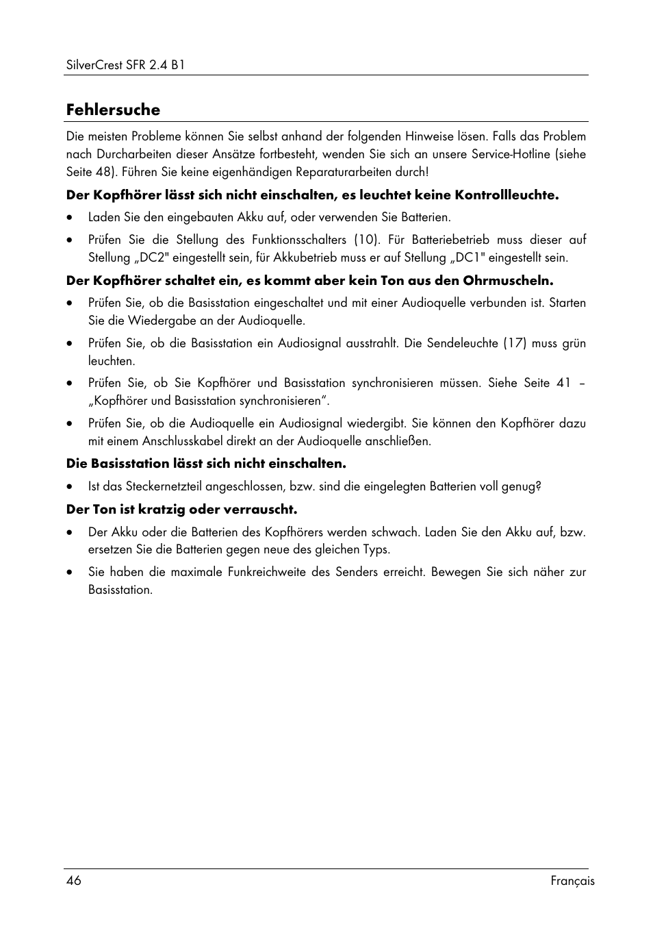 Fehlersuche | Silvercrest SFR 2.4 B1 User Manual | Page 48 / 76