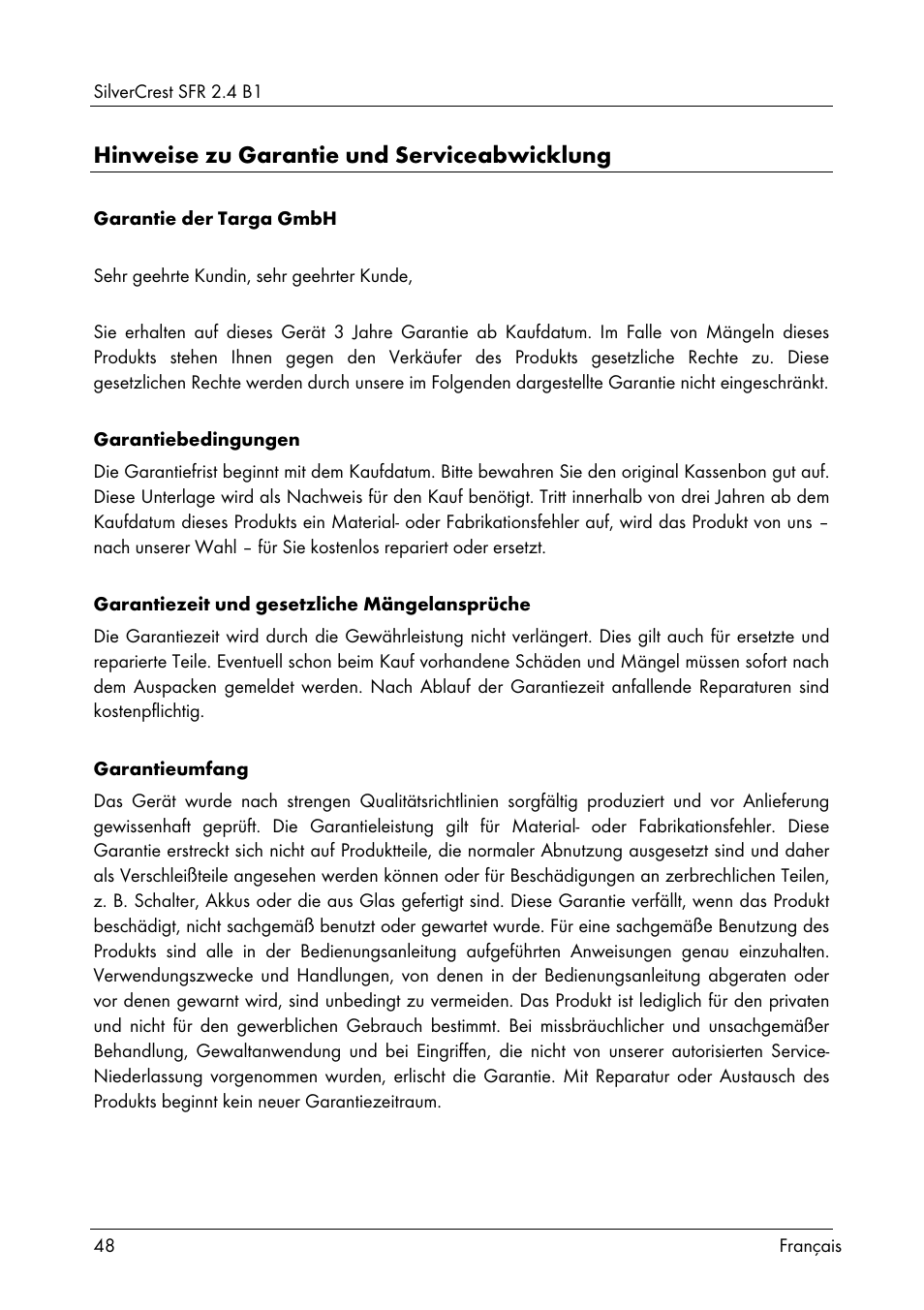 Hinweise zu garantie und serviceabwicklung | Silvercrest SFR 2.4 B1 User Manual | Page 50 / 76