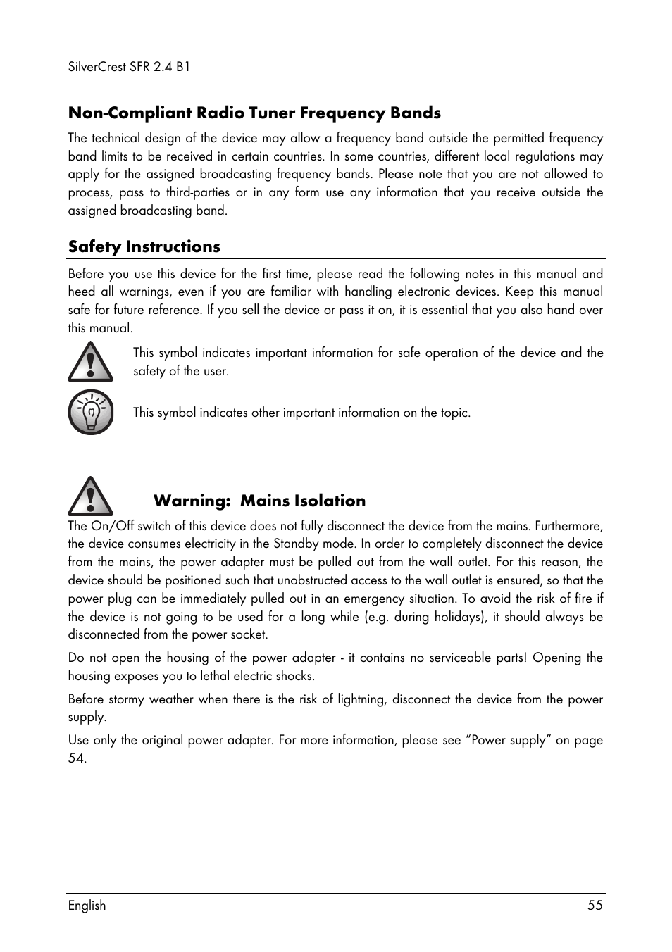Non-compliant radio tuner frequency bands, Safety instructions, Warning: mains isolation | Silvercrest SFR 2.4 B1 User Manual | Page 57 / 76