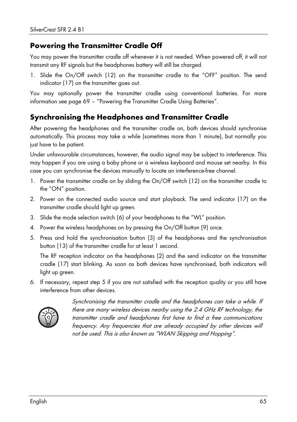 Powering the transmitter cradle off | Silvercrest SFR 2.4 B1 User Manual | Page 67 / 76