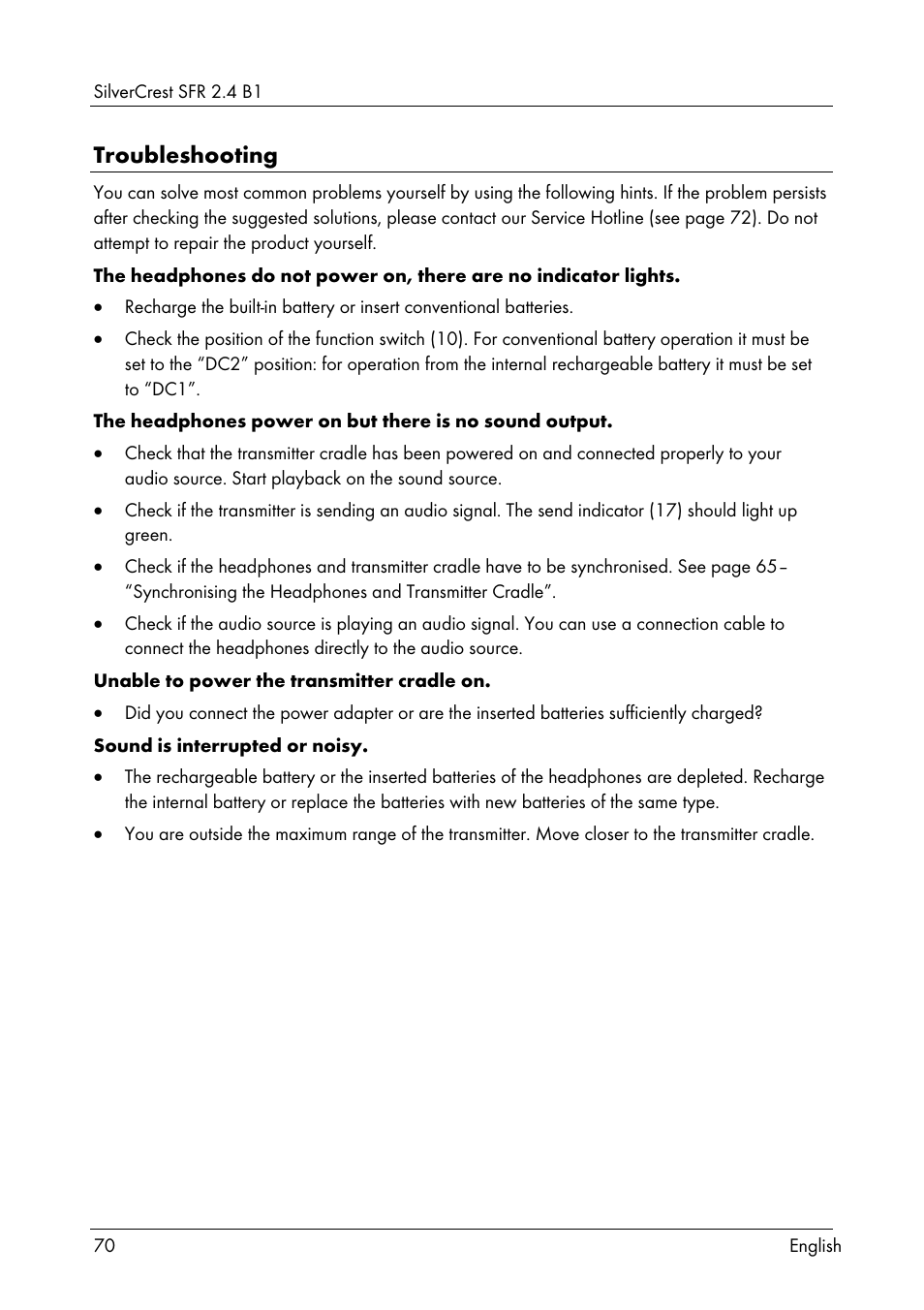 Troubleshooting | Silvercrest SFR 2.4 B1 User Manual | Page 72 / 76
