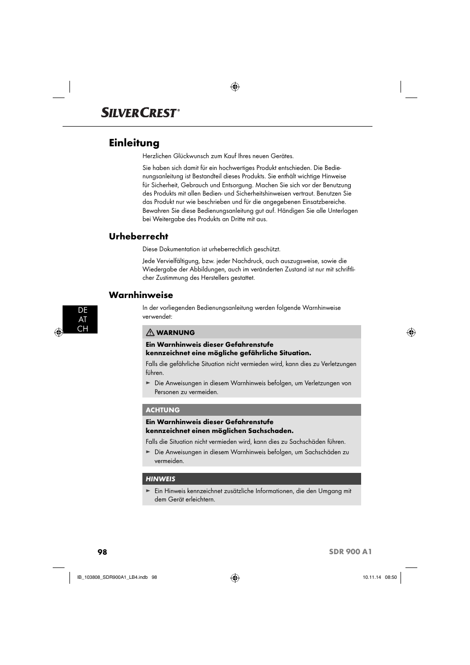 Einleitung, Urheberrecht, Warnhinweise | De at ch | Silvercrest SDR 900 A1 User Manual | Page 101 / 116