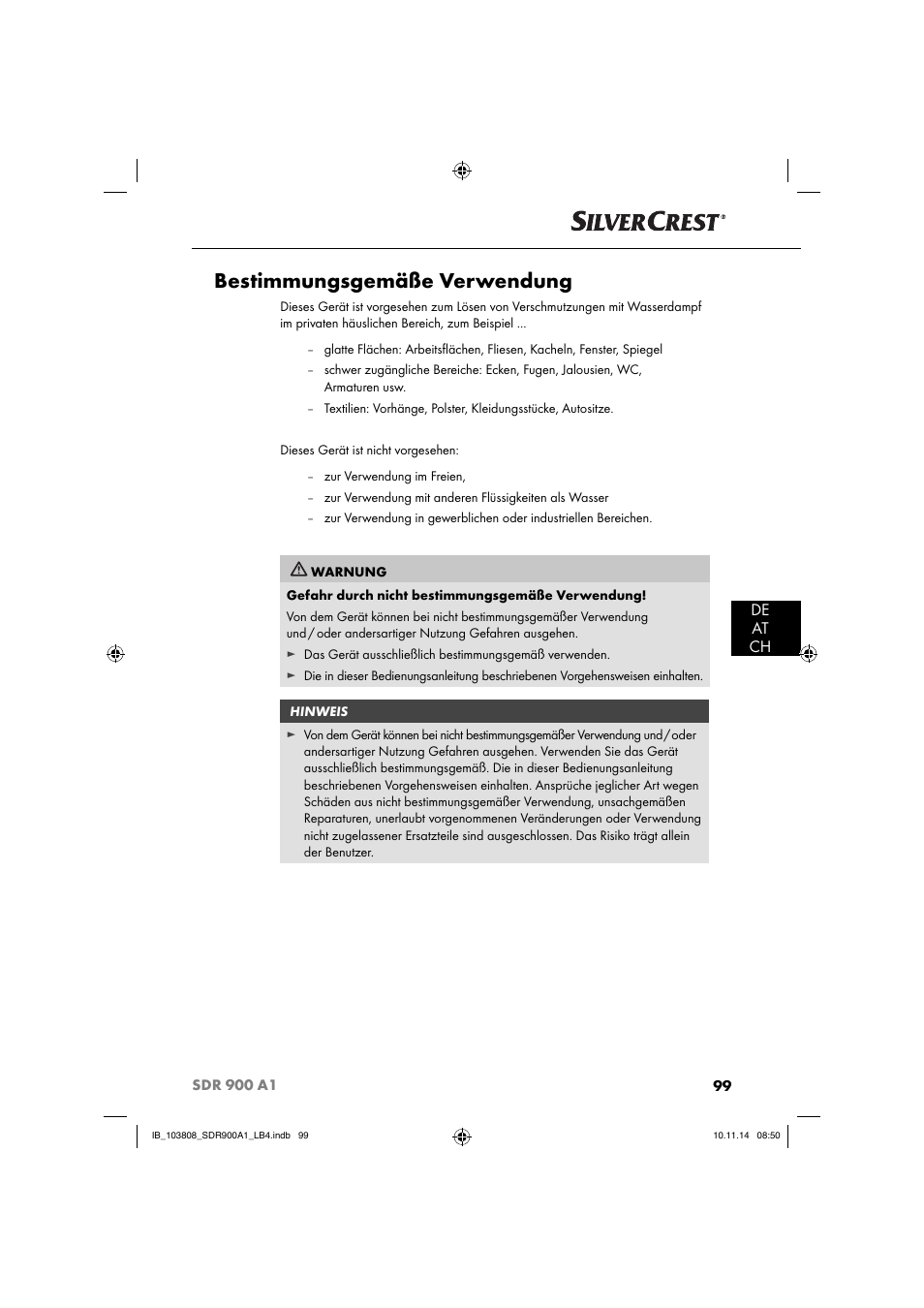 Bestimmungsgemäße verwendung, De at ch | Silvercrest SDR 900 A1 User Manual | Page 102 / 116