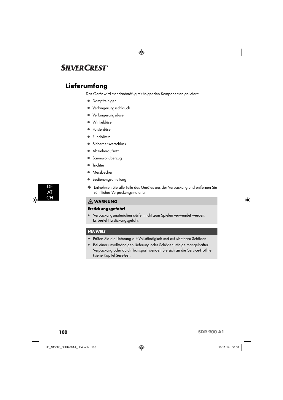 Lieferumfang, De at ch | Silvercrest SDR 900 A1 User Manual | Page 103 / 116