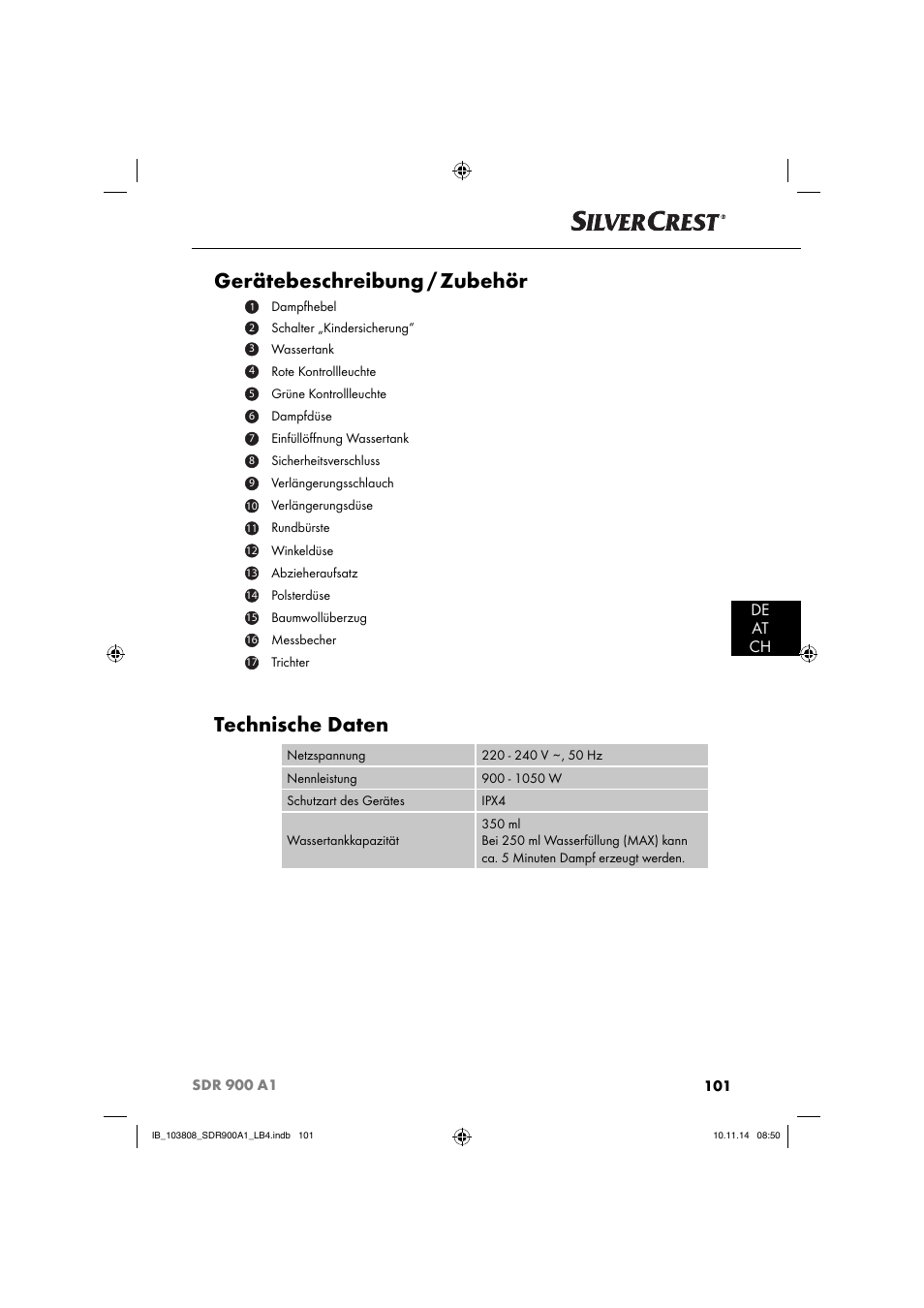 Gerätebeschreibung / zubehör, Technische daten, De at ch | Silvercrest SDR 900 A1 User Manual | Page 104 / 116