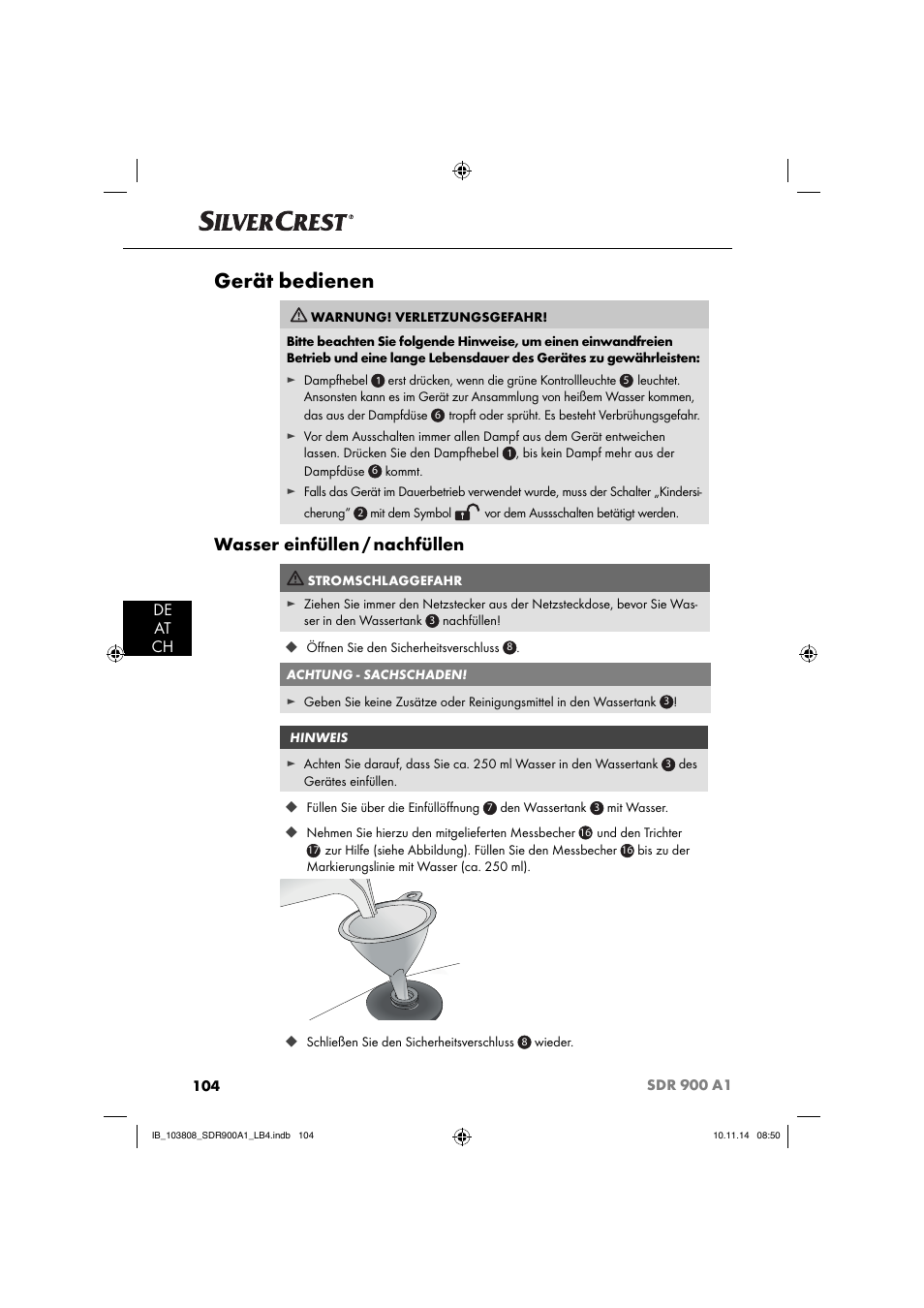 Gerät bedienen, Wasser einfüllen / nachfüllen, De at ch | Silvercrest SDR 900 A1 User Manual | Page 107 / 116