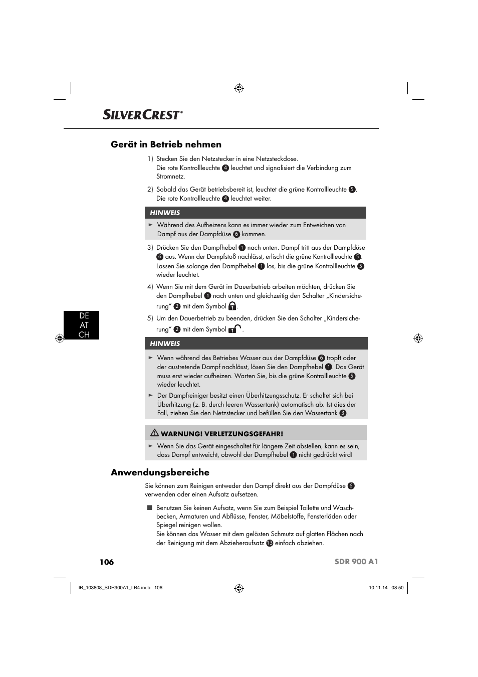 Gerät in betrieb nehmen, Anwendungsbereiche, De at ch | Silvercrest SDR 900 A1 User Manual | Page 109 / 116