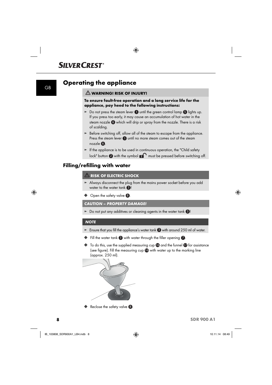 Operating the appliance, Filling/reﬁ lling with water | Silvercrest SDR 900 A1 User Manual | Page 11 / 116