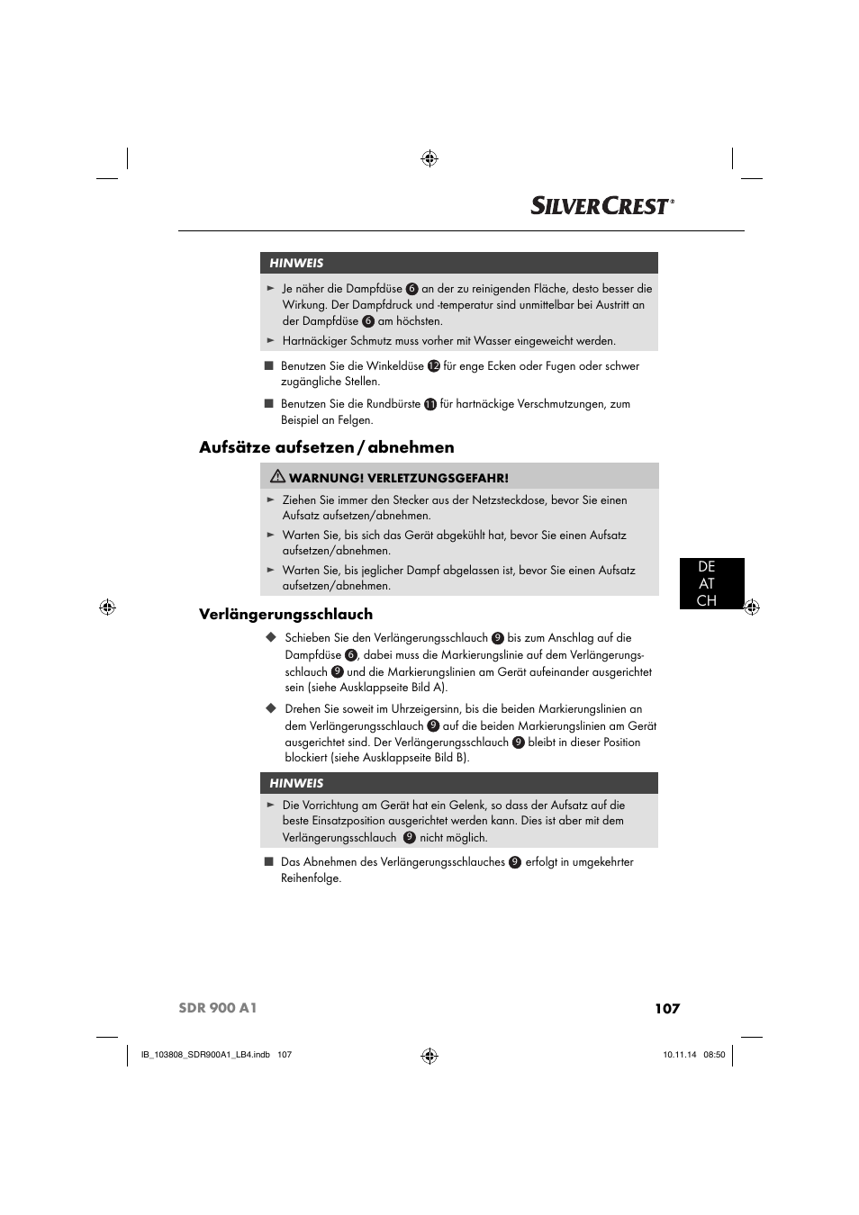 Aufsätze aufsetzen / abnehmen, De at ch, Verlängerungsschlauch | Silvercrest SDR 900 A1 User Manual | Page 110 / 116