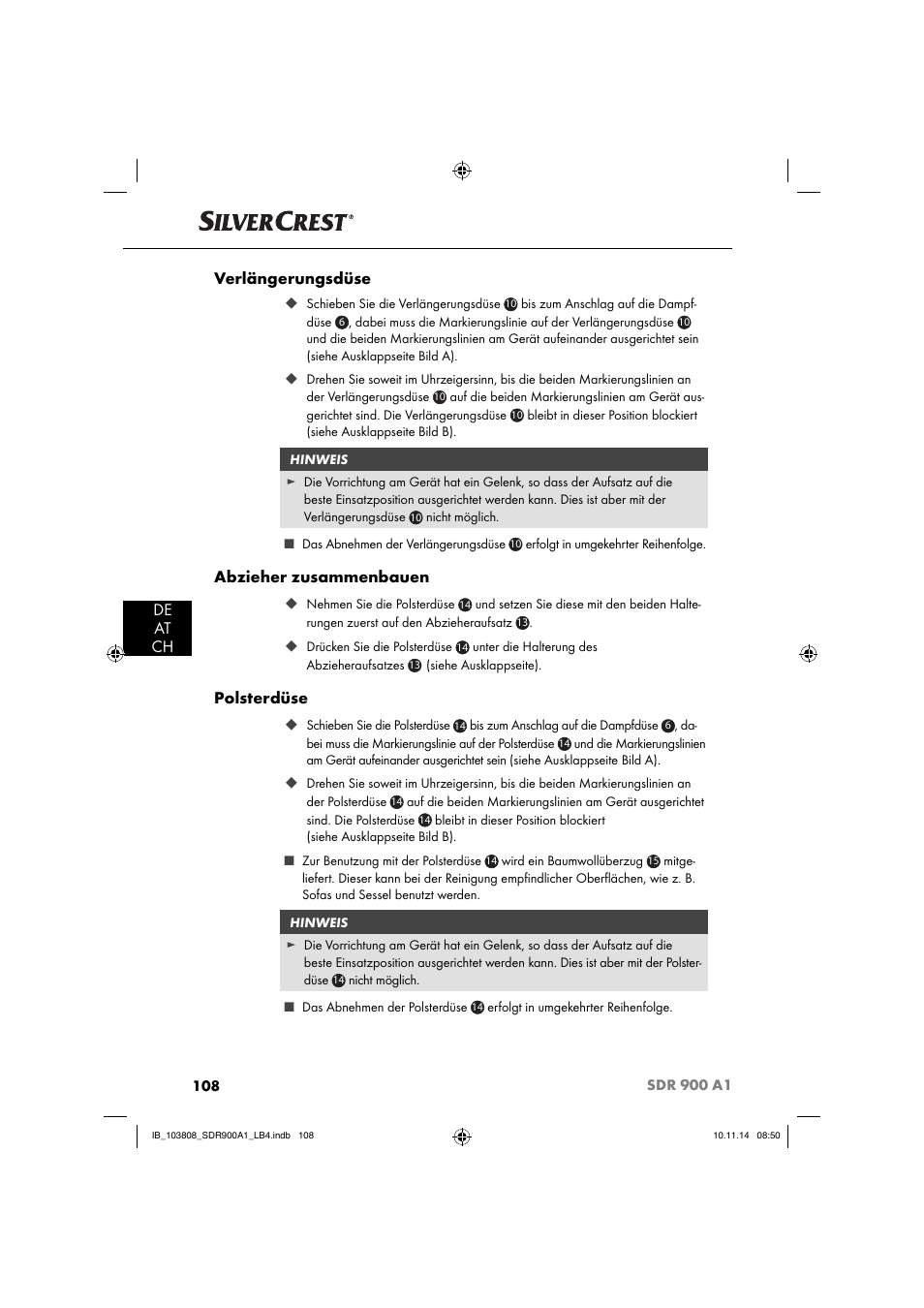 De at ch verlängerungsdüse, Abzieher zusammenbauen, Polsterdüse | Silvercrest SDR 900 A1 User Manual | Page 111 / 116