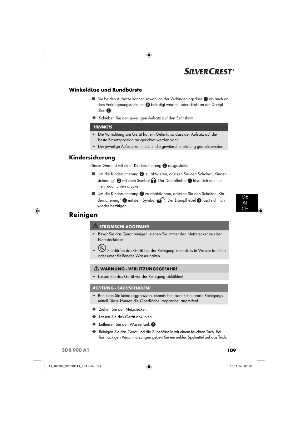 Reinigen, Kindersicherung, De at ch winkeldüse und rundbürste | Silvercrest SDR 900 A1 User Manual | Page 112 / 116