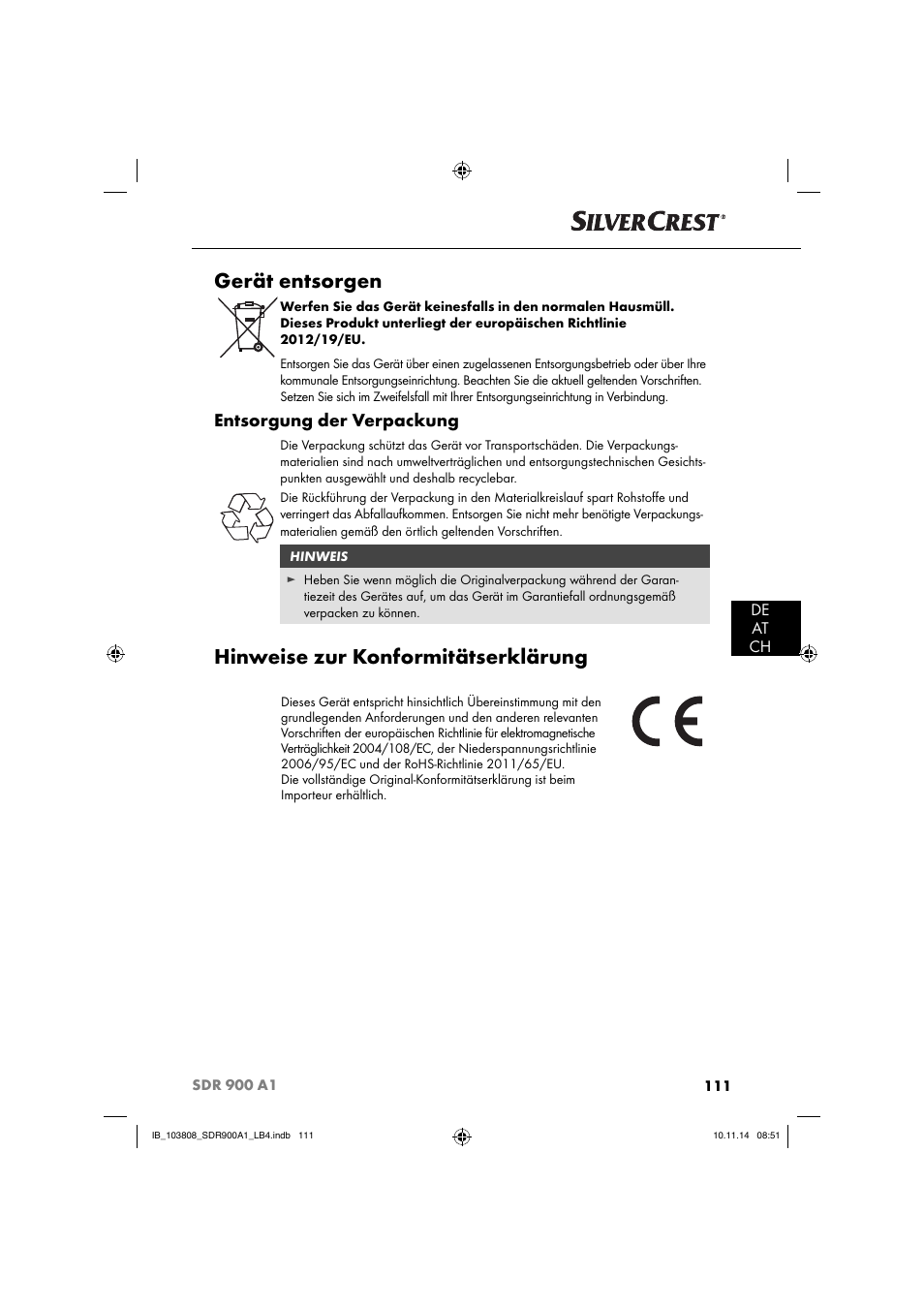 Gerät entsorgen, Hinweise zur konformitätserklärung, Entsorgung der verpackung | De at ch | Silvercrest SDR 900 A1 User Manual | Page 114 / 116