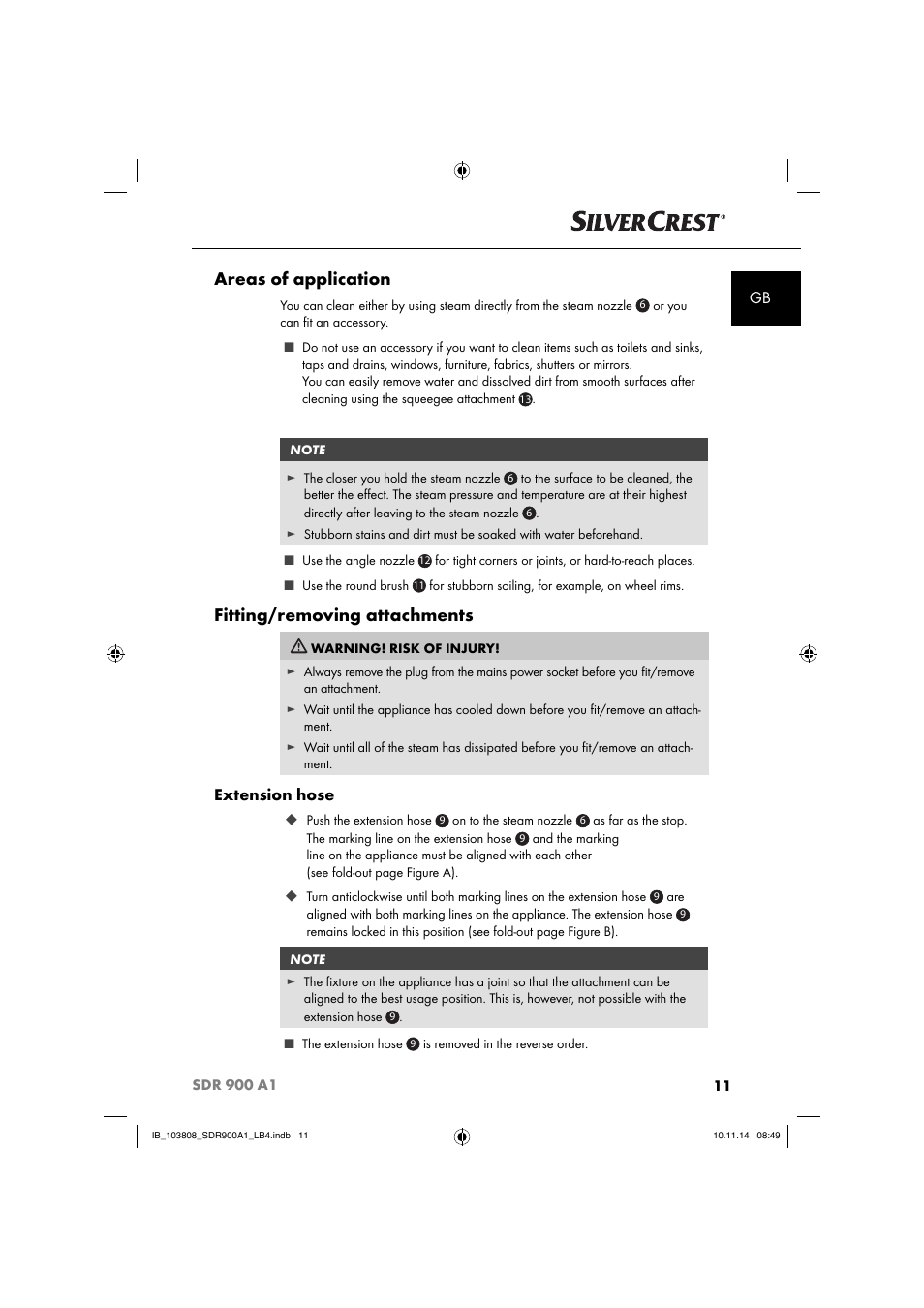 Areas of application, Fitting/removing attachments, Extension hose | Silvercrest SDR 900 A1 User Manual | Page 14 / 116