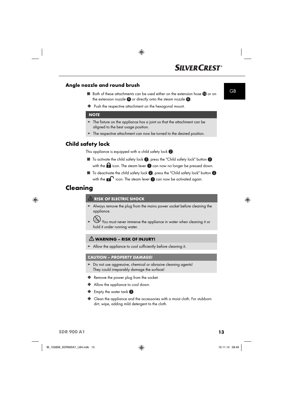 Cleaning, Child safety lock, Gb angle nozzle and round brush | Silvercrest SDR 900 A1 User Manual | Page 16 / 116