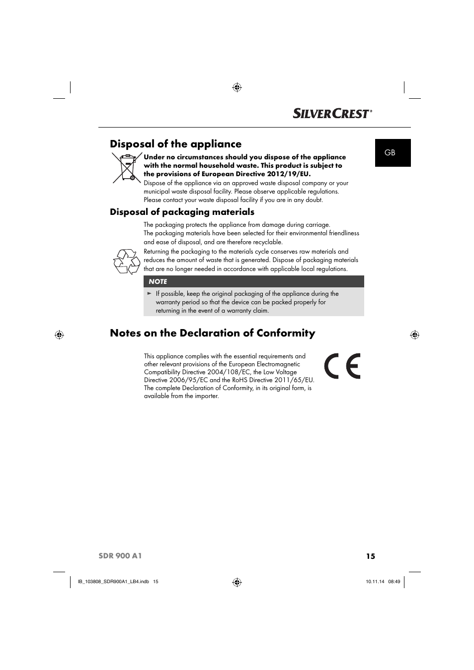 Disposal of the appliance, Disposal of packaging materials | Silvercrest SDR 900 A1 User Manual | Page 18 / 116