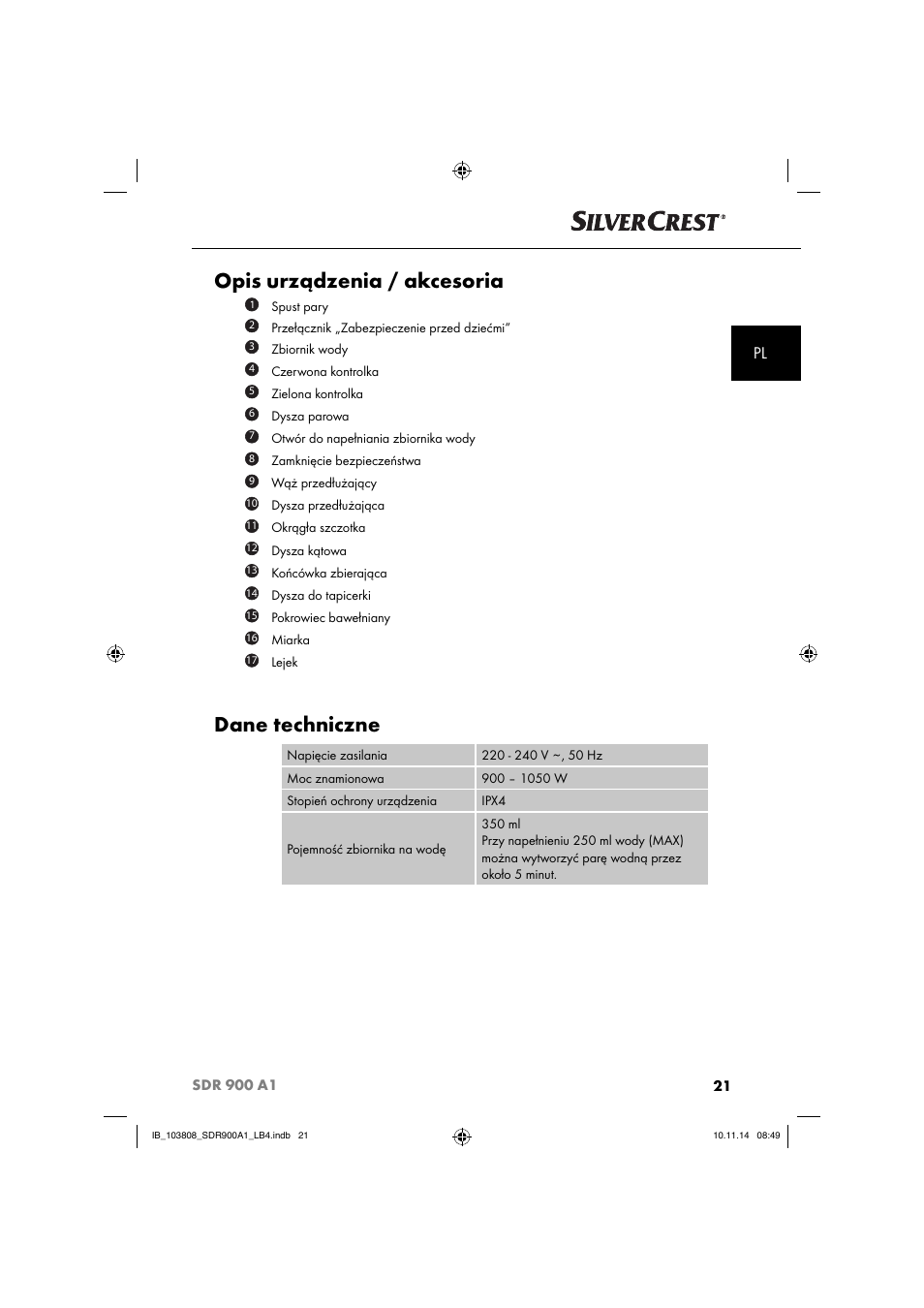 Opis urządzenia / akcesoria, Dane techniczne | Silvercrest SDR 900 A1 User Manual | Page 24 / 116