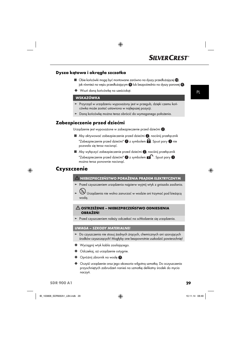 Czyszczenie, Zabezpieczenie przed dziećmi, Pl dysza kątowa i okrągła szczotka | Silvercrest SDR 900 A1 User Manual | Page 32 / 116