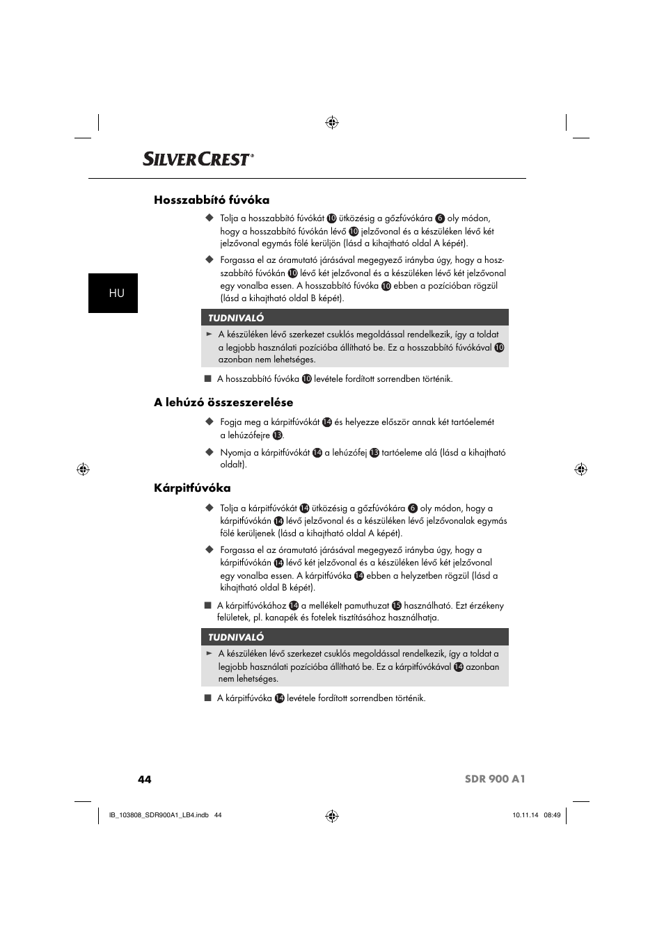 Hu hosszabbító fúvóka, A lehúzó összeszerelése, Kárpitfúvóka | Silvercrest SDR 900 A1 User Manual | Page 47 / 116