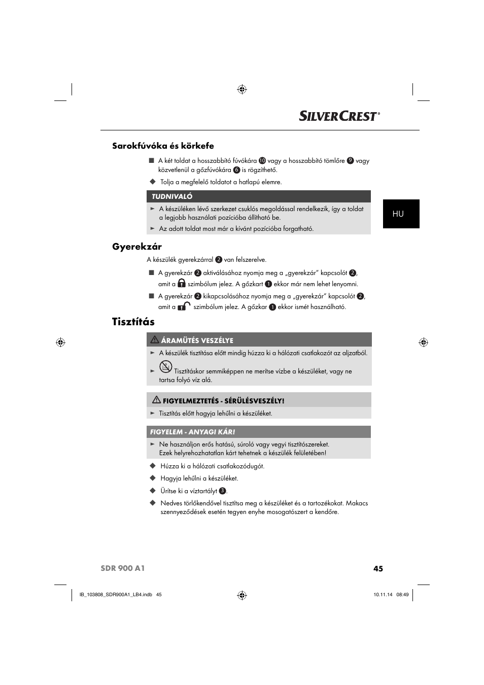 Tisztítás, Gyerekzár, Hu sarokfúvóka és körkefe | Silvercrest SDR 900 A1 User Manual | Page 48 / 116