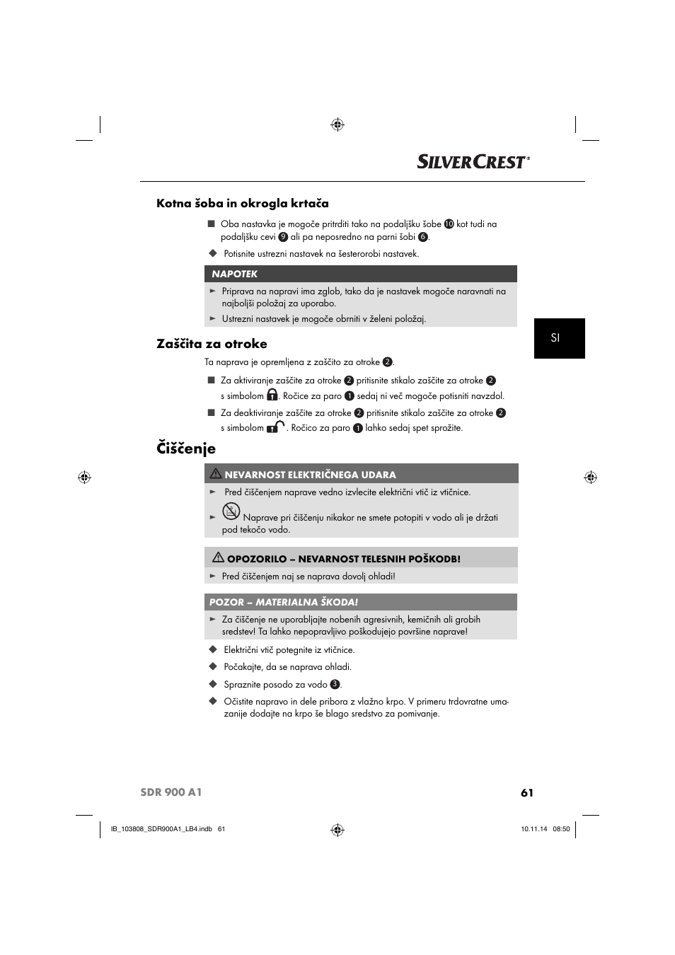 Čiščenje, Zaščita za otroke, Si kotna šoba in okrogla krtača | Silvercrest SDR 900 A1 User Manual | Page 64 / 116