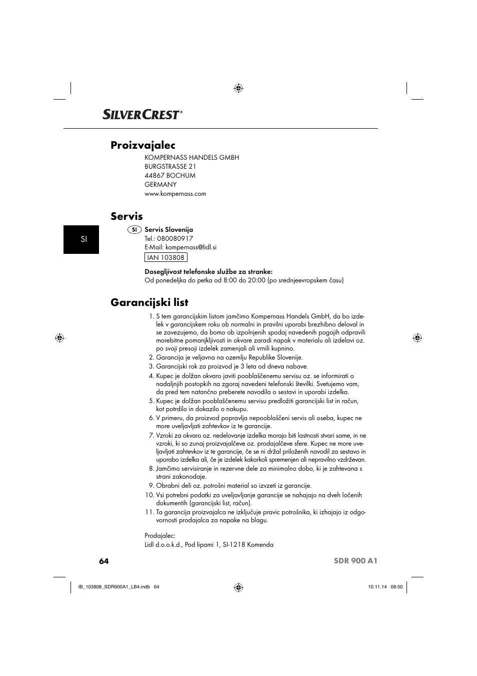 Proizvajalec, Servis, Garancijski list | Silvercrest SDR 900 A1 User Manual | Page 67 / 116