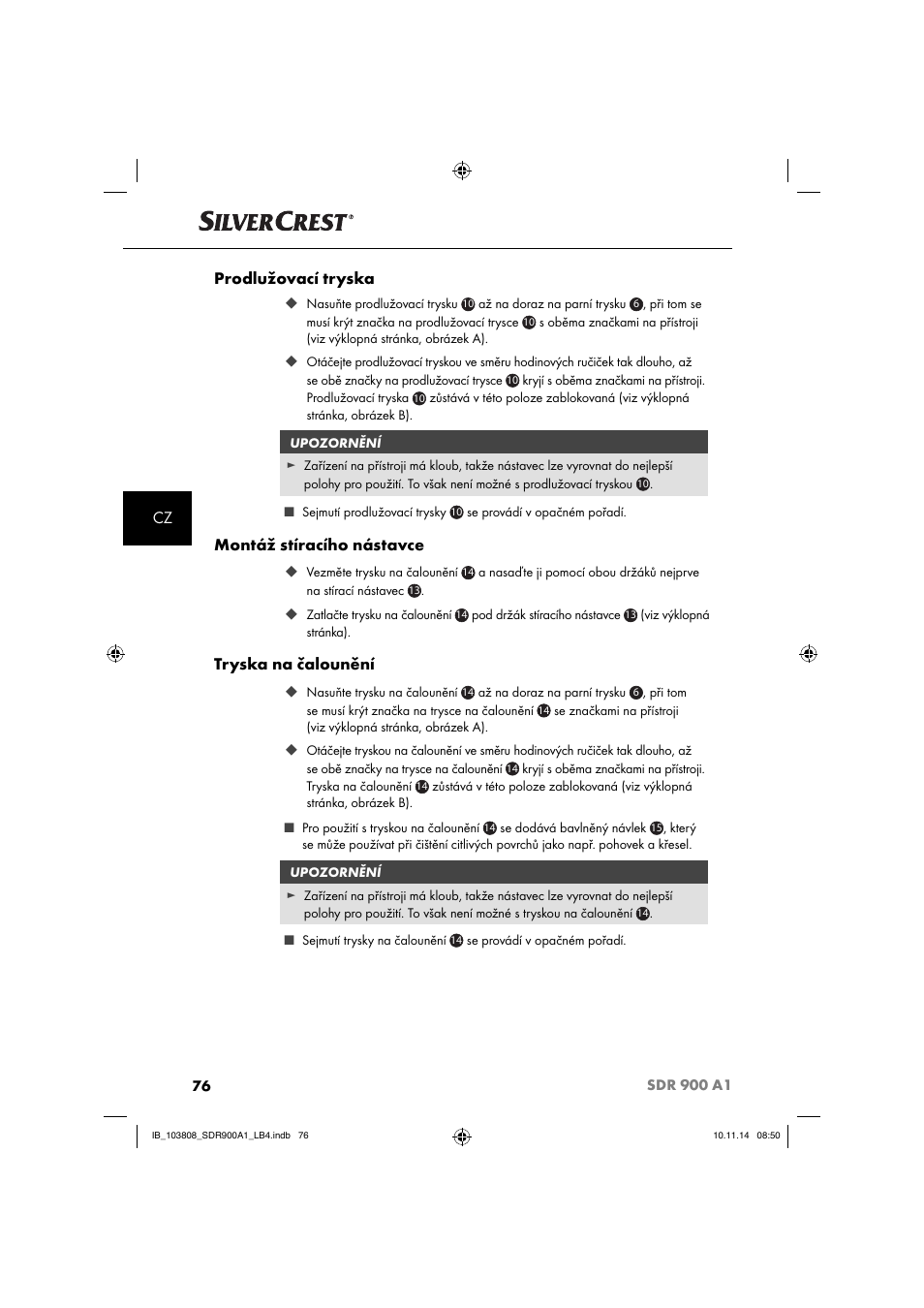 Cz prodlužovací tryska, Montáž stíracího nástavce, Tryska na čalounění | Silvercrest SDR 900 A1 User Manual | Page 79 / 116