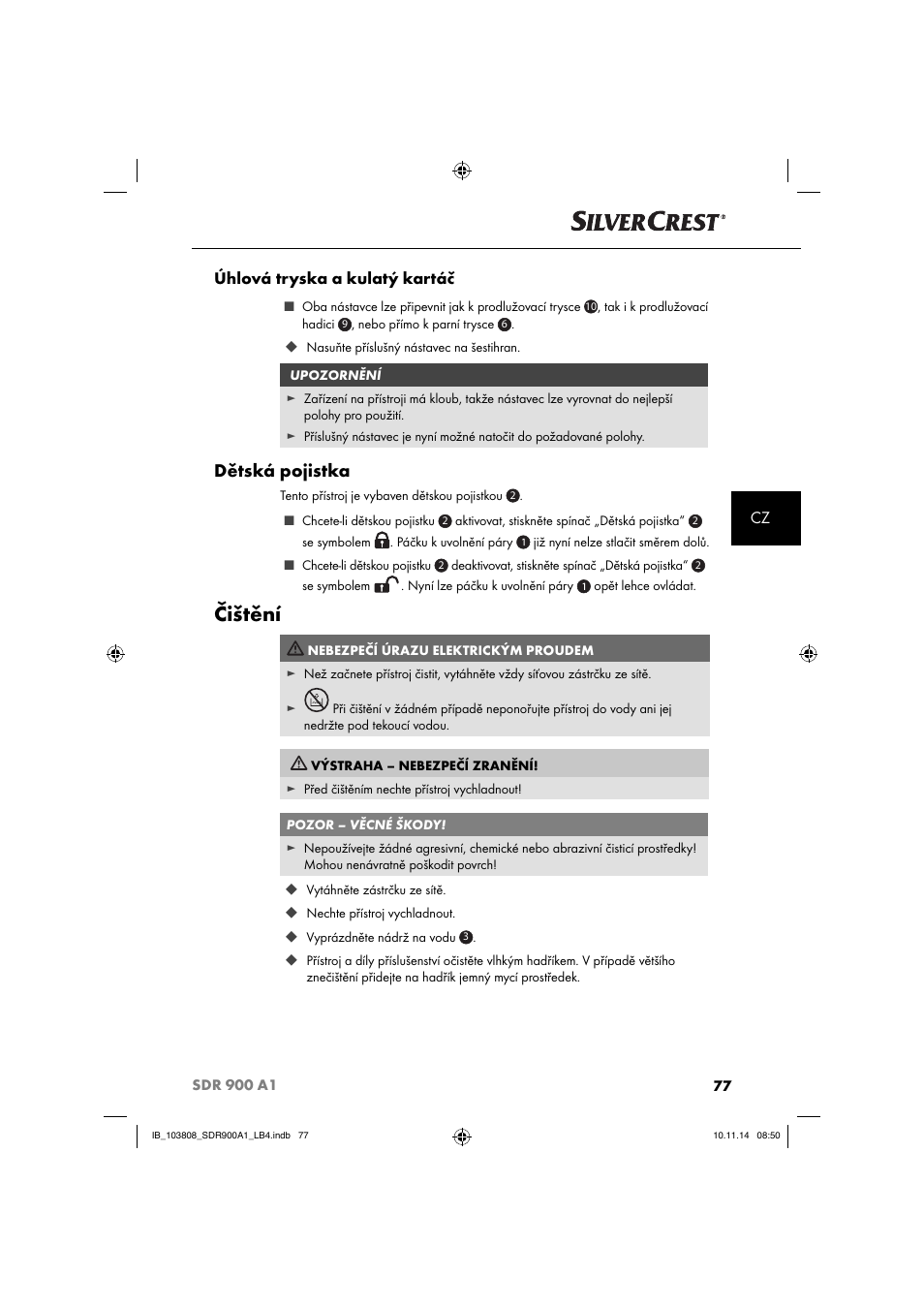 Čištění, Dětská pojistka, Cz úhlová tryska a kulatý kartáč | Silvercrest SDR 900 A1 User Manual | Page 80 / 116